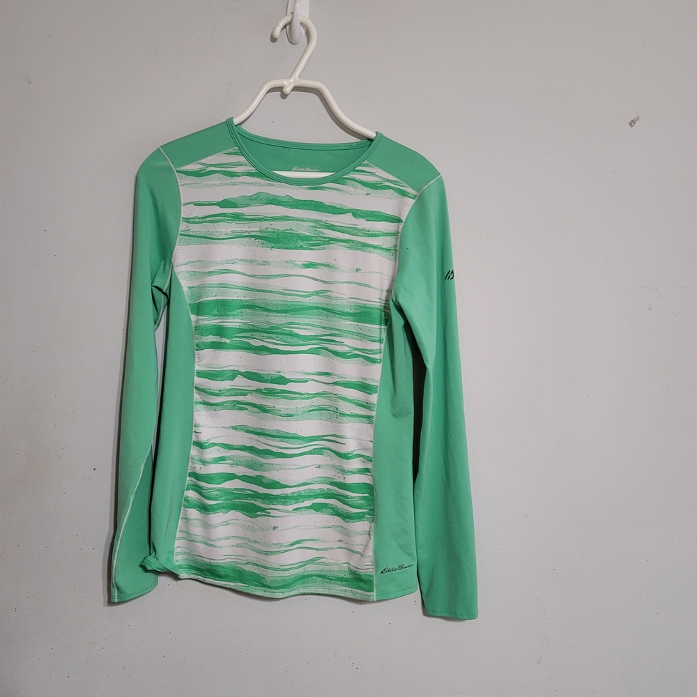 Eddie Bauer Top Shirt Athletic Green White Long Sleeve Run Yoga Sz Small Workout